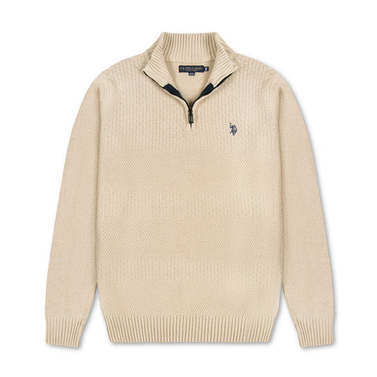 Quarter Zip Textured Knit Woolen Sweater Camel Beige QZS-24