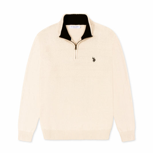 Quarter Zip Textured Knit Woolen Sweater Light Beige QZS-27