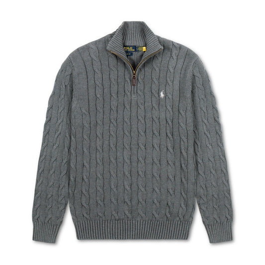 Quarter Zip Cable-Knit Woolen Sweater Dark Grey QZS-10