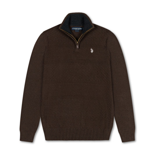 Quarter Zip Textured Knit Woolen Sweater Coffee QZS-17