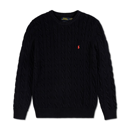 Round Neck Cable-Knit Woolen Sweater Black RNS-01