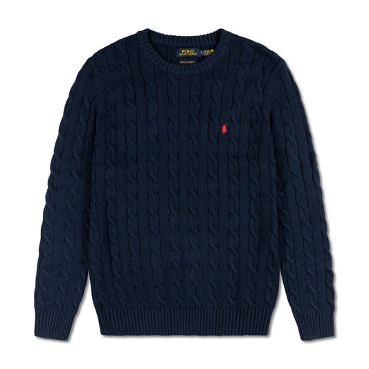 Round Neck Cable-Knit Woolen Sweater Navy Blue RNS-05